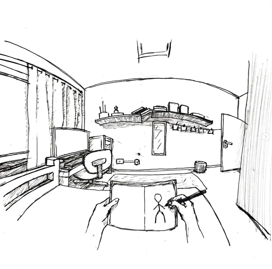 Desenho a nanquim de um quarto em perspectiva com mãos desenhando
