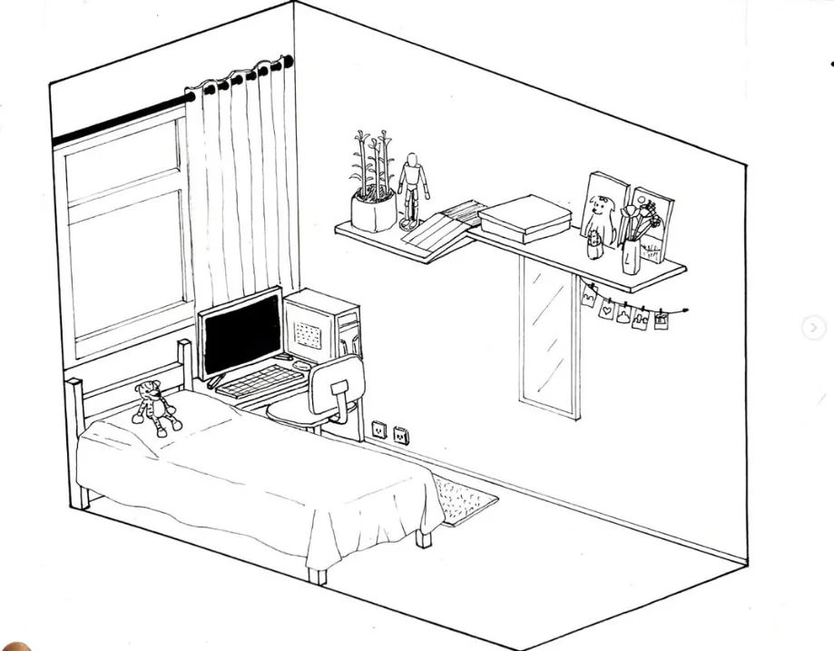 Desenho a nanquim de um quarto em perspectiva isométrica